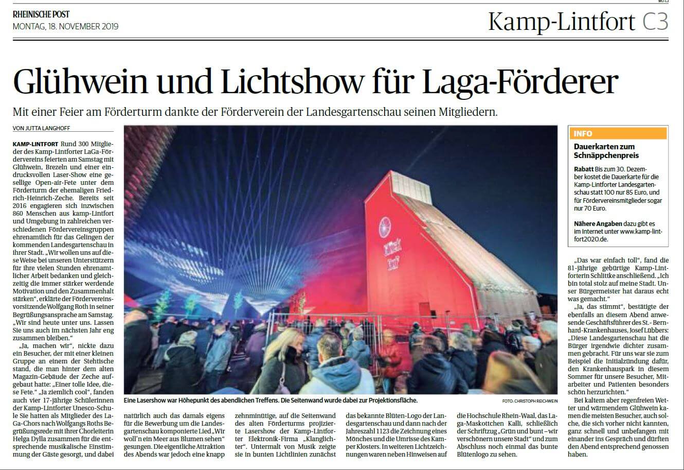 Zeitungsartikel der Rheinischen Post mit Lasershow und Licht-Illumination
